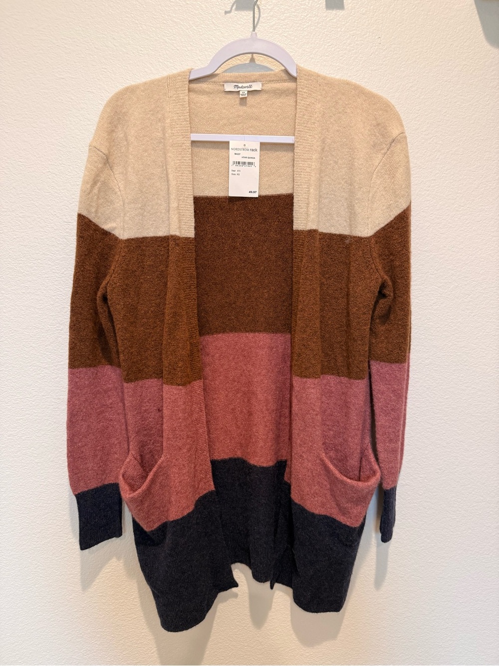 Madewell Cream Brown Pink Navy Colorblock Open-Front Cardigan